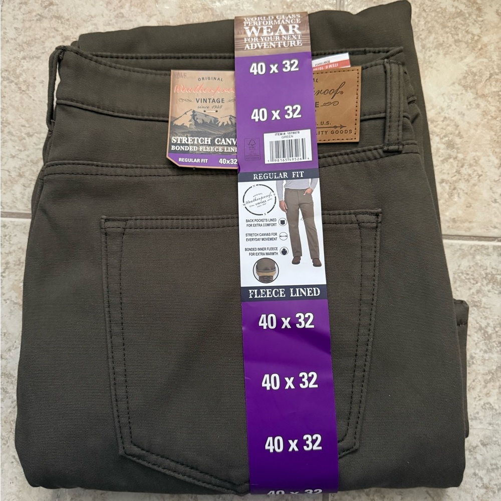 Weatherproof Vintage Men Fleece Lined Pant 40x32 Stretch Canvas Green